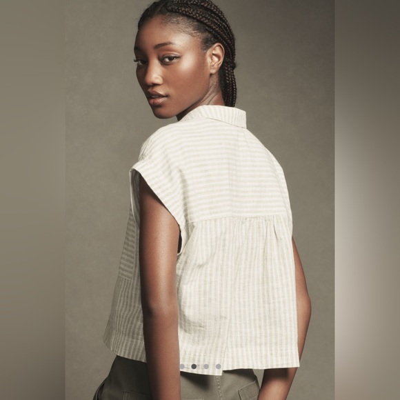 Pilcro Linen Wedge Top Blouse - Button-Up - Blue and White - Size Large - Picture 2 of 10